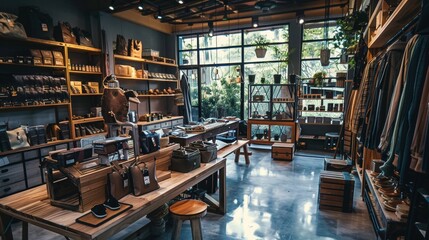 Cozy boutique shop interior with wooden shelves