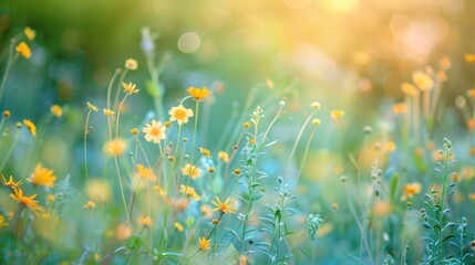 Poster - A bright and cheerful scene with a yellow field of flowers and the sun shining in the background
