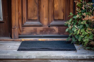 Aufkleber - A simple black door mat on a wooden porch, suitable for various settings