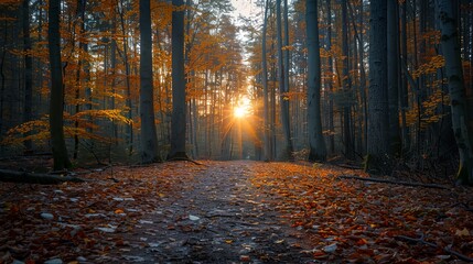 Poster - A path through a forest with a sun shining through the trees