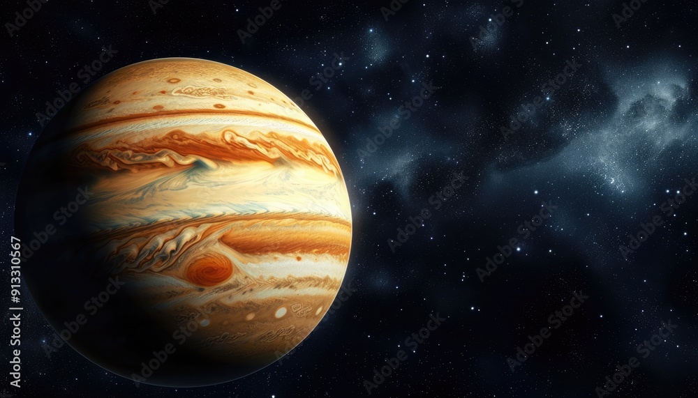 Jupiter View Majestic view of Jupiter with its iconic Great Red Spot and striking ...