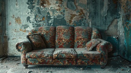 Poster - An old couch sits in a deserted room with peeling paint, worn down by time