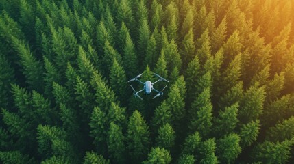 Poster - A drone hovers above a lush green forest, capturing the serene beauty of tall evergreen trees during the golden hour. The warm sunlight filters through the foliage.