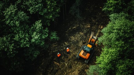 Poster - Workers in safety gear oversee a logging operation as machinery clears trees in a dense forest area.
