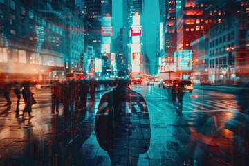 a person walking alone on a busy city street at night, possibly heading home or to a destination