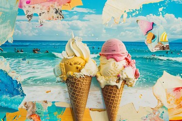 Two delicious ice cream cones against a dreamy, collage background of a sunny beach with surfers. Summer, vacation vibes, treat, dessert.