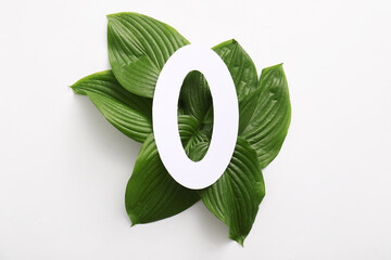 Poster - Hosta leaves with paper number zero on  white background. Top view