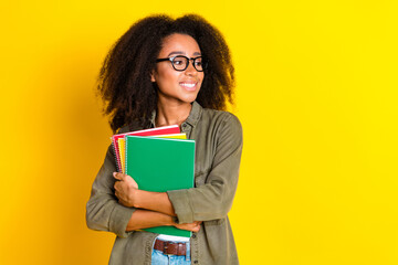 Sticker - Photo of smart lovely girl wear khaki shirt in glasses holding copybooks look at offer empty space isolated on yellow color background