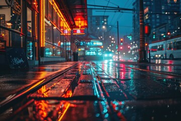 Poster - A dark and wet city street at night with working traffic lights