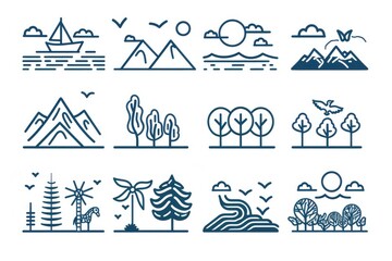 Poster - Simple icons of trees and mountains for various uses
