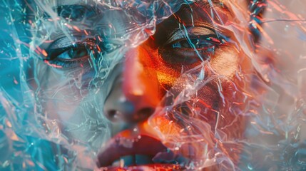 Poster - A close-up shot of a woman's face covered with plastic wrap, possibly for a creative or artistic purpose