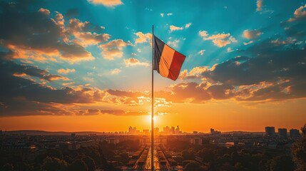 Wall Mural - Happy Bastille Day. The French flag is flying at sunset