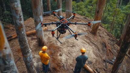 Poster - A drone hovers above a wooded area while two workers in hard hats watch attentively amidst scattered logs.