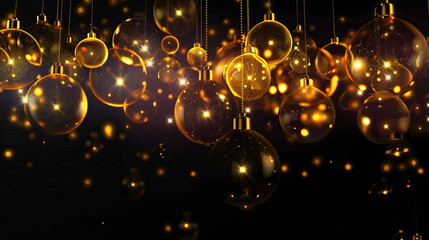 Wall Mural - abstract golden christmas light and transparent christmas ball design hanging on black background..