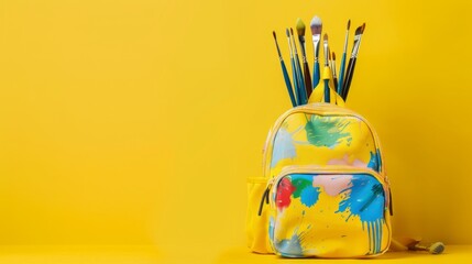 Wall Mural - School bag. Backpack with paintbrushes for school on yellow background generative ai