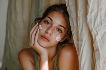 Poster - A woman with a mask or facial treatment, ideal for beauty and wellness themes