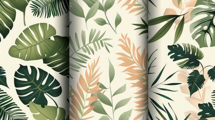 Sticker - Three panels of seamless patterns featuring green and tan leaves on a white background.