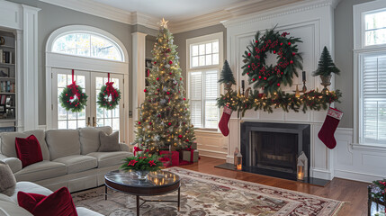 Wall Mural - Adorned Christmas Tree, Wreath, and Garland Inside Living Room by fireplace, Copyspace