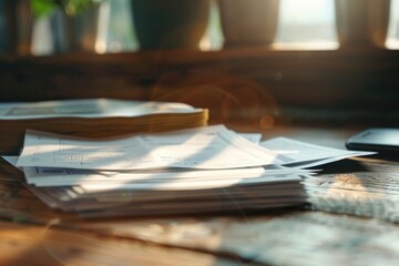 Poster - A pile of papers sitting on a wooden table, perfect for office or study settings