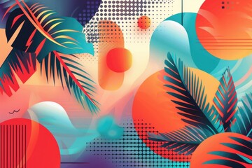 Poster - Colorful tropical scene with palm leaves and oranges