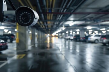 Poster - A surveillance camera mounted on the wall of a parking garage
