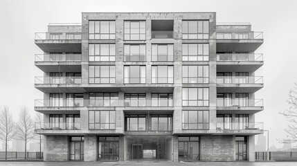 Poster - modern concrete building with glass balconies in urban landscape during overcast weather