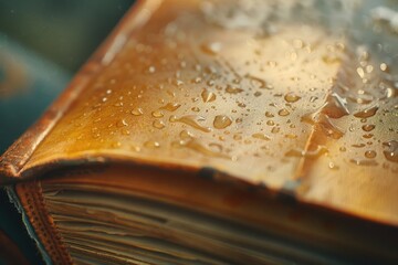 Poster - Close-up of a book with water droplets on the cover, perfect for representing nostalgia or learning