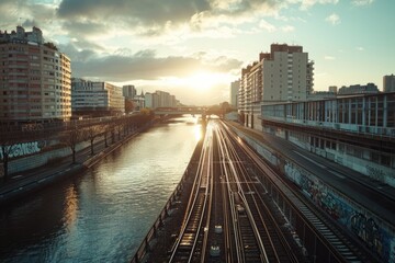 Poster - Train travels along the riverbank, scenic view