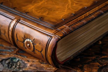 Poster - A brown book sits on a wooden table with a simple and classic design