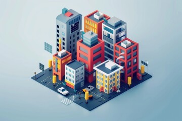Poster - Group of buildings on a busy city street, urban architecture scene