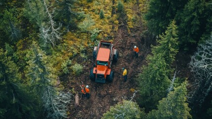 Poster - Workers in safety gear are using heavy machinery to clear a forested area, surrounded by lush greenery.