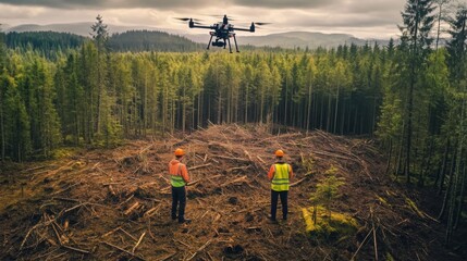Poster - Two workers in safety gear observe a drone surveying a deforested area surrounded by a lush forest.