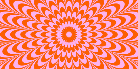 Poster - Optical illusion background. Red and pink abstract distorted wavy lines surface. Radial waves poster design. Trippy sunburst illusion wallpaper. Vector spinning hypnotic illustration