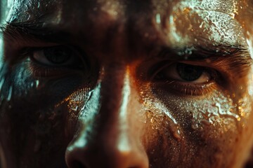 Poster - A close-up shot of a person's face with gold paint applied, ideal for use in artistic or cultural themed projects