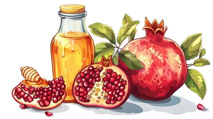 Leinwandbilder - Fresh pomegranate next to a jar of pure honey, perfect for cooking or as a healthy snack