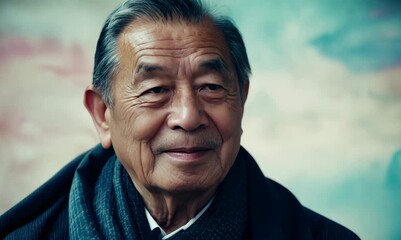 Wall Mural - medium shot portrait of a Japanese man in his 60s wearing a foulard against an abstract background