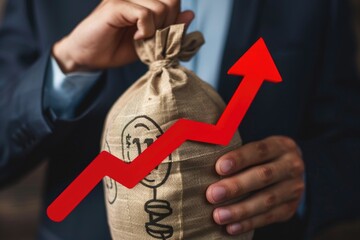 Poster - A businessman holds a bag with a red arrow pointing upwards, suggesting success and achievement