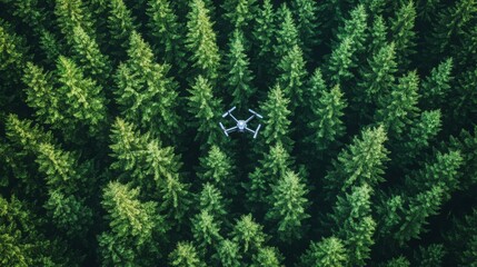 Poster - A drone navigates above a lush, green forest, capturing the beauty of tall trees in bright daylight.