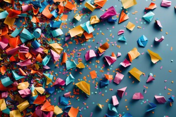 Poster - A burst of colorful confetti on a blue surface, great for celebrations and parties