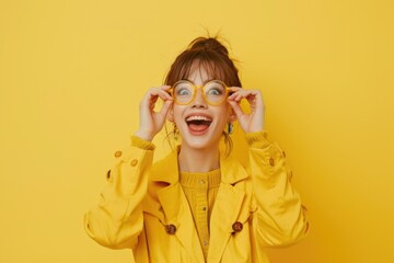 Poster - Portrait of a woman wearing a yellow jacket and glasses, likely outdoors or in an urban setting