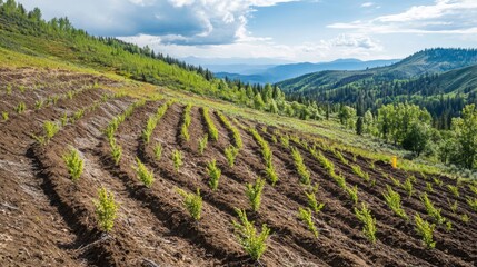 Poster - Newly planted green bushes create wavy lines on a sloping mountain landscape bathed in midday sunlight.
