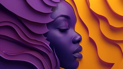 Poster - Artistic Representation of a Woman's Profile With Vibrant Purple and Yellow Layers in an Abstract Style