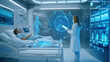 © SASI   SPACE - Futuristic hospital room with patient and doctor. The doctor is using an AI-powered tool to analyze the patients medical data and provide personalized treatment plan. ai technology healthcare concept
