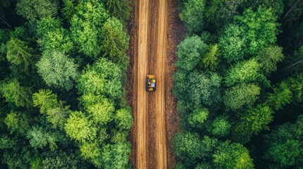 Poster - A yellow tractor travels down a dirt road, with expansive green trees lining both sides, showcasing the vibrant forest.