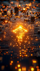 Poster - Futuristic glowing circuit board motherboard with illuminated electronic components creating an abstract background of digital energy technological innovation and advanced computing systems