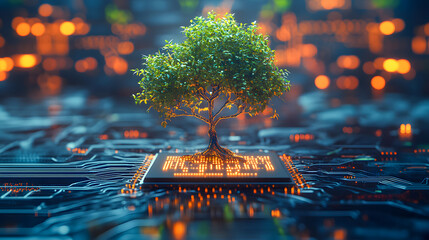 Poster - Futuristic digital technology with natural elements  Conceptual of a green tree growing out of a digital circuit board representing the harmonious blend of technology and the environment