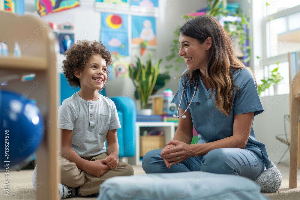 Slp Working A speech therapist working with a child to improve communication skills ...