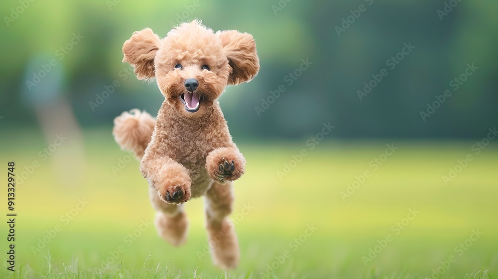 Poodle's Playful Leap: A miniature poodle soars through the air, a blur ...