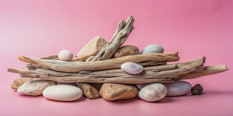 Wall Mural - Natural stones and driftwood arranged on a pink light background for product presentation, natural, stones, driftwood