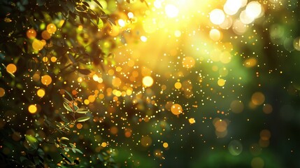 Poster - Golden Lights and Green Leaves Blurred Background